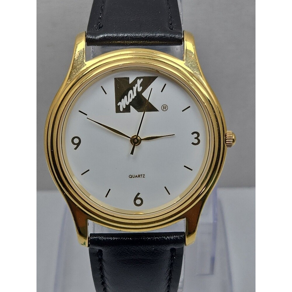 Vintage Kmart Logo Quartz Watch Y121 Gold Tone White Dial Black Band New Battery - Picture 4 of 12